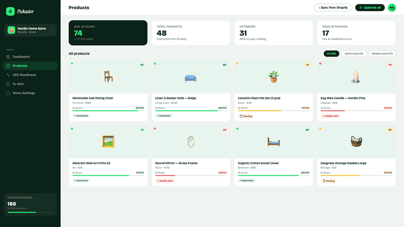 Pickastor products dashboard showing AI scores for each product