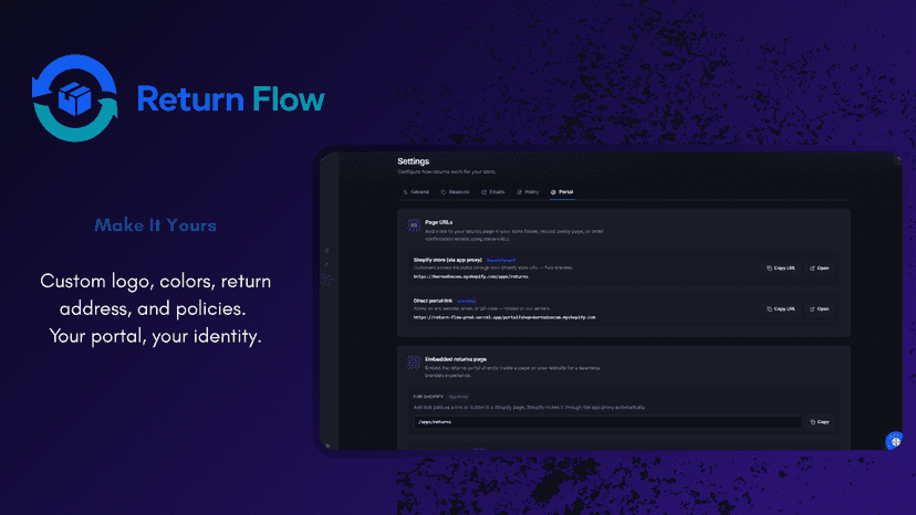 Settings page with logo, colors, return address, and policies