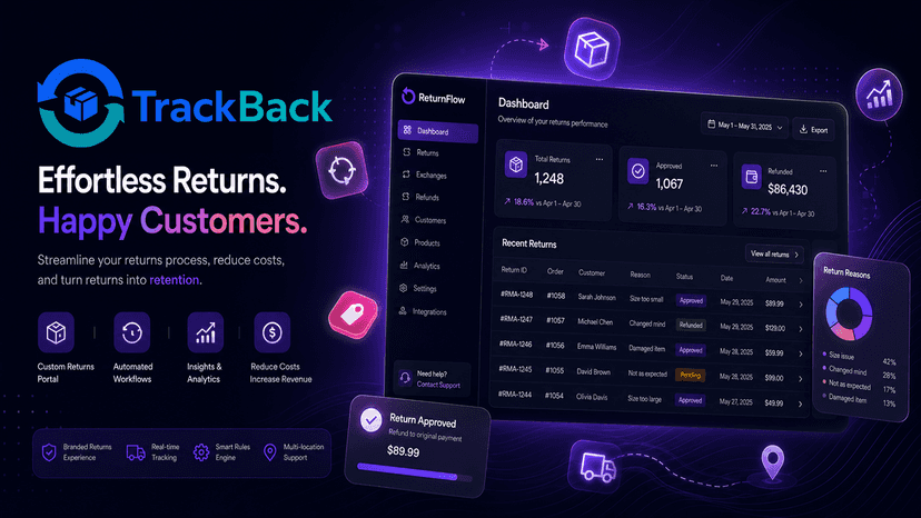 TrackBack app interface showing returns dashboard and portal