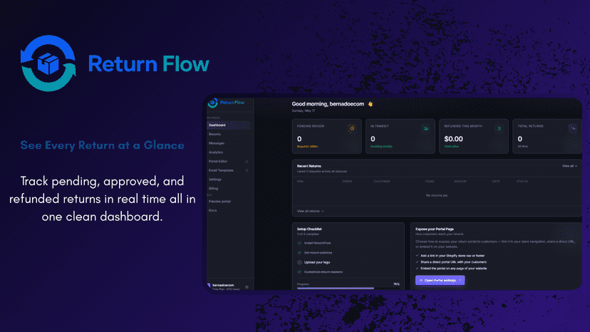 Returns dashboard with real-time pending and refunded stats
