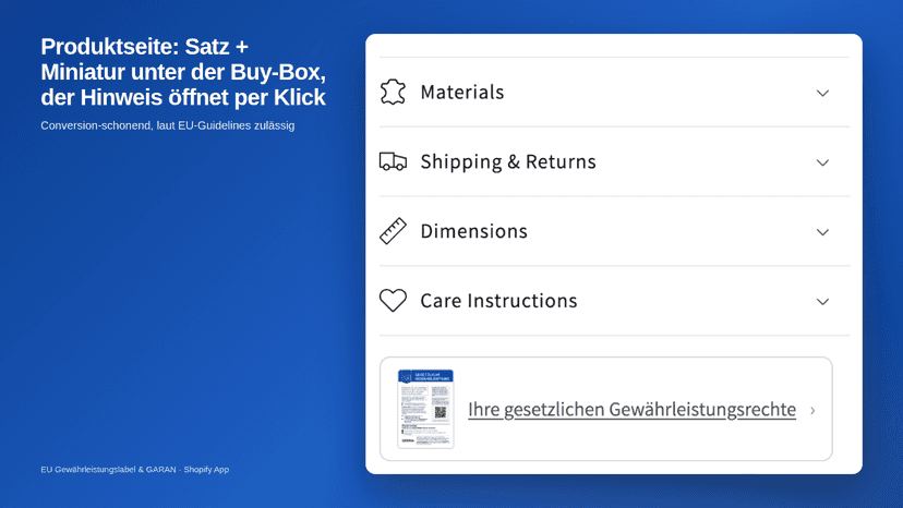 EU-Gewährleistungshinweis auf der Produktseite, Buy-Box frei