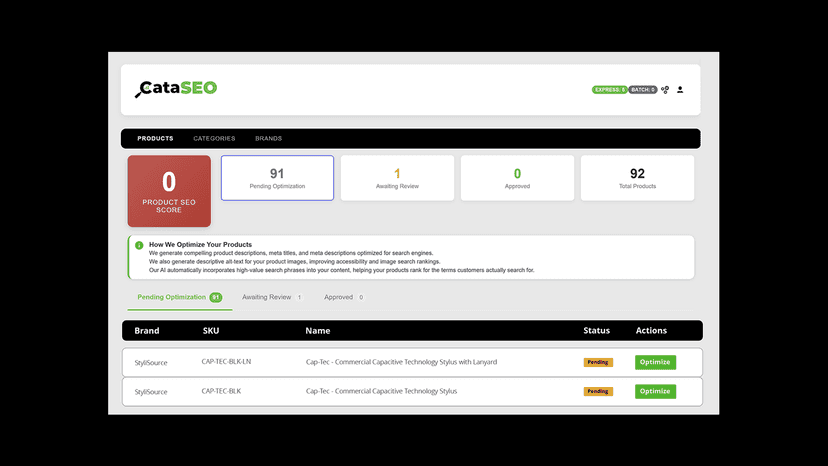 CataSEO - Catalog Optimization Dashboard, Header & Menus