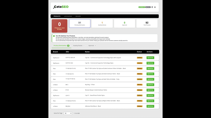 CataSEO Main Optimization Screen