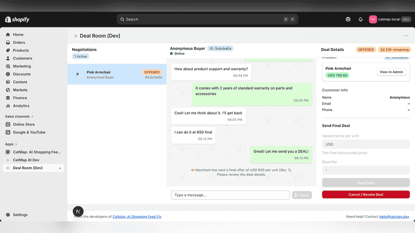 Merchant live chat support to negotiate deals and send rates.