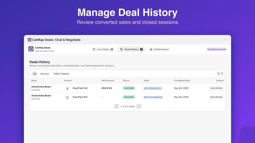Track all closed deals and b2b rates in the history dashboard.
