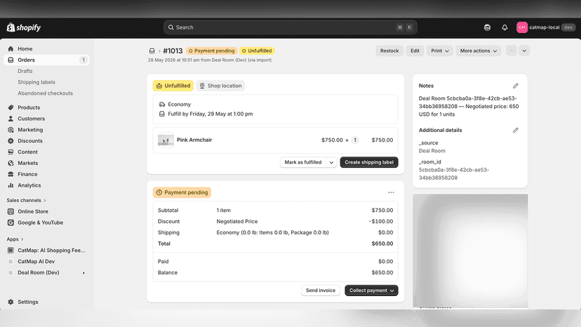 Custom deals converted into Shopify draft orders for wholesale.