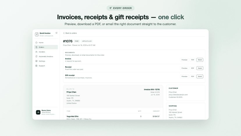 Invoices, receipts & gift receipts — one click