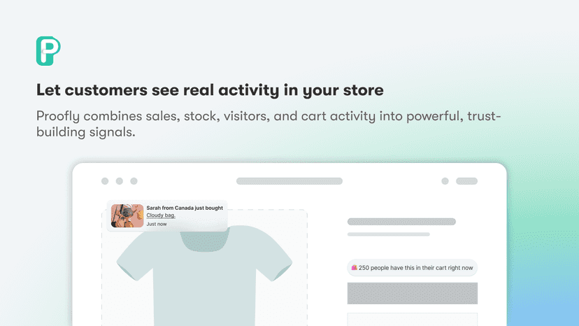 Proofly displays sales, stock, visitors, and cart activity