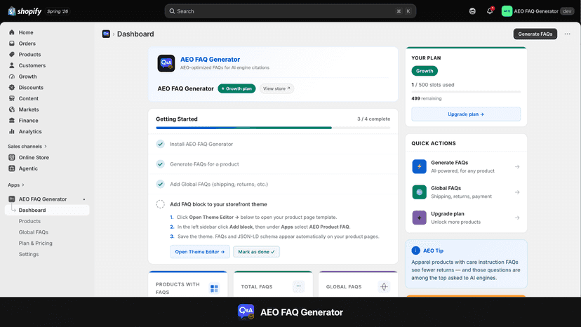 App dashboard showing FAQ coverage stats and setup guide