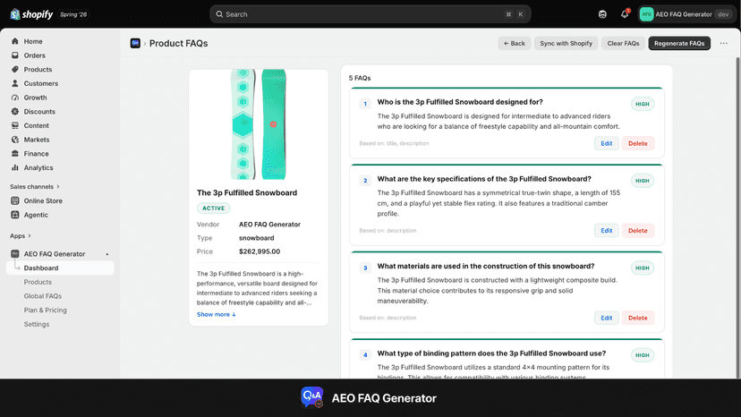 Product FAQ generation screen with AI-generated Q&As