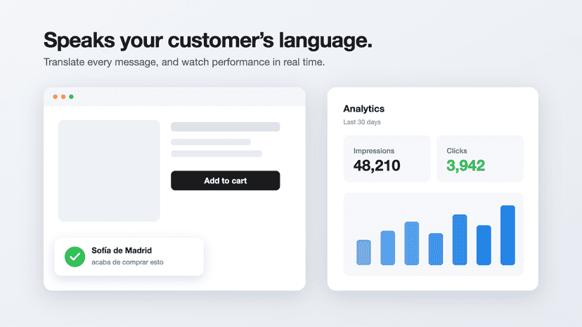 A translated notification beside the analytics dashboard
