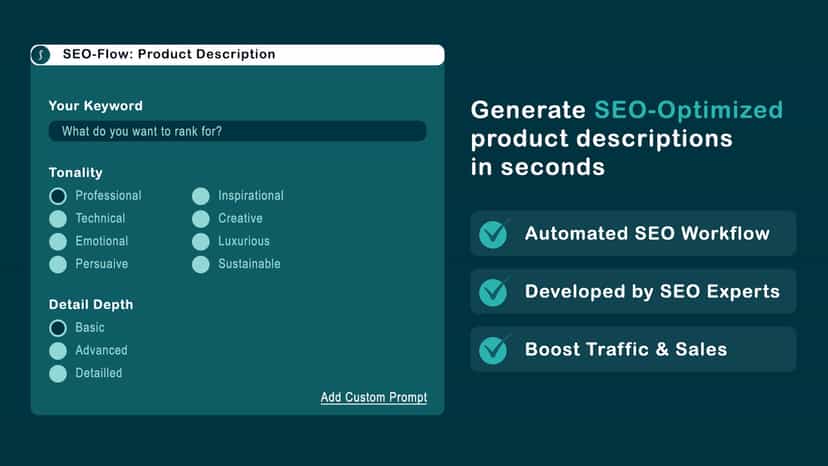 Shopify SEO App with content flow for product description