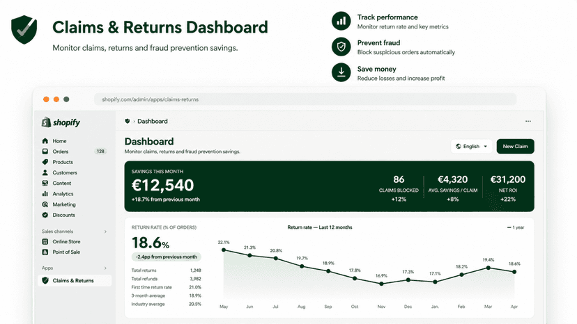 Claims and returns dashboard with savings analytics