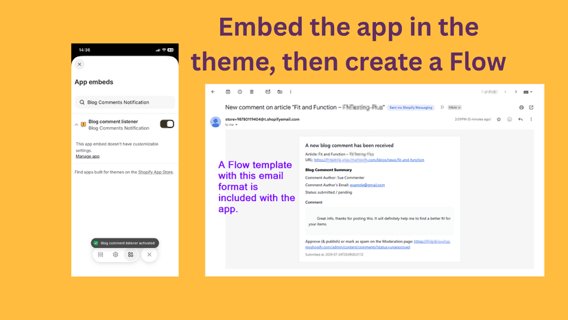 Embed in theme, create a notification Flow for new blog comments