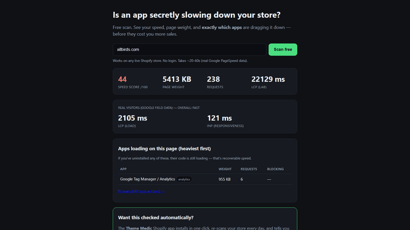 Scan results: speed score, page weight, and slow apps