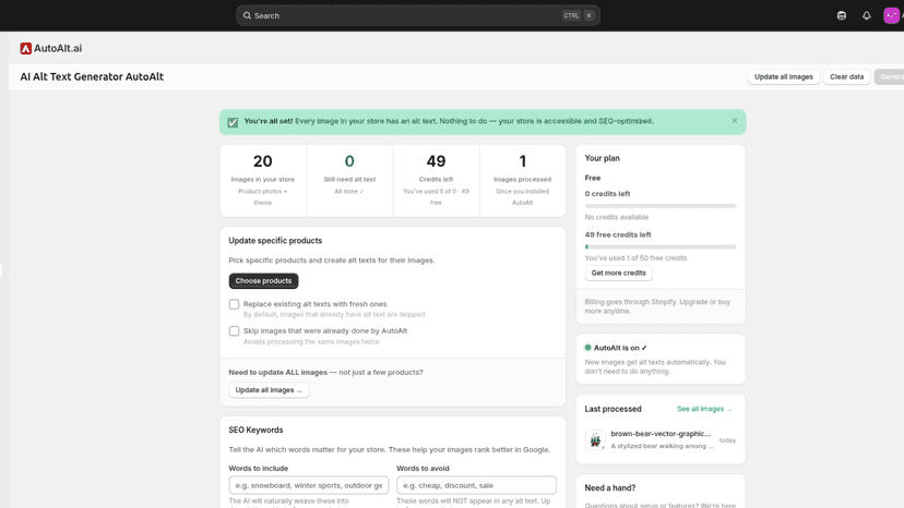 AutoAlt.ai Shopify dashboard displaying AI-generated alt text st