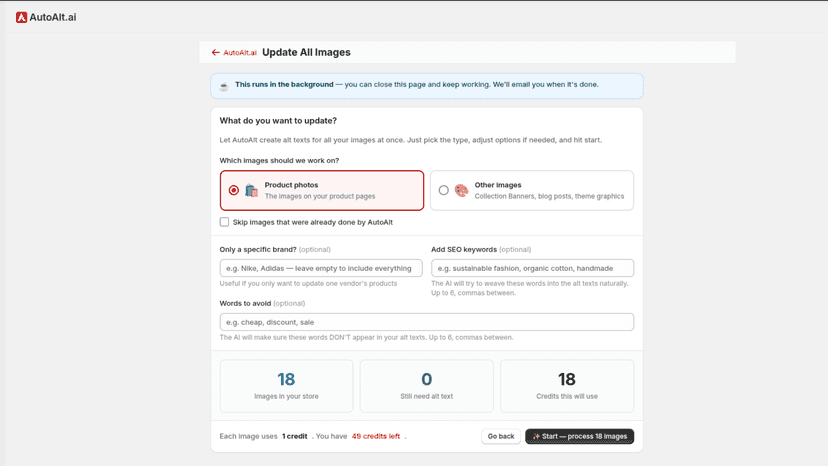 AutoAlt.ai bulk image update interface for Shopify allowing user
