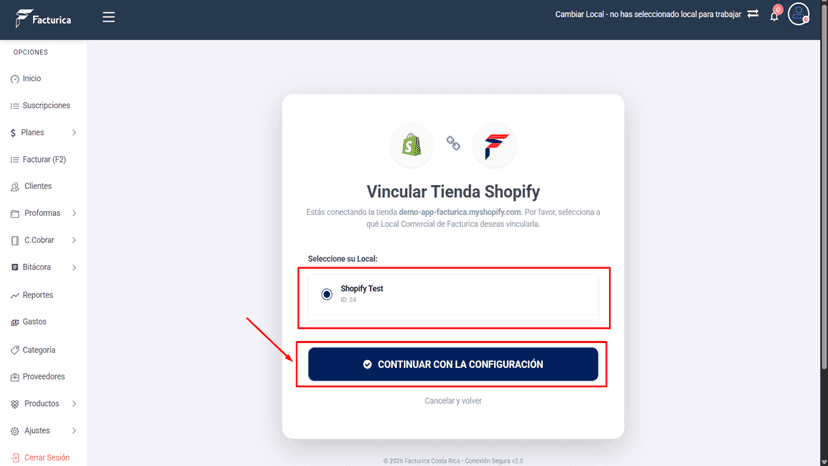 Selección de local para vincular la tienda Shopify en FACTURICA.