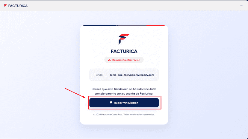 Iniciar vinculación de la tienda desde Shopify con FACTURICA.