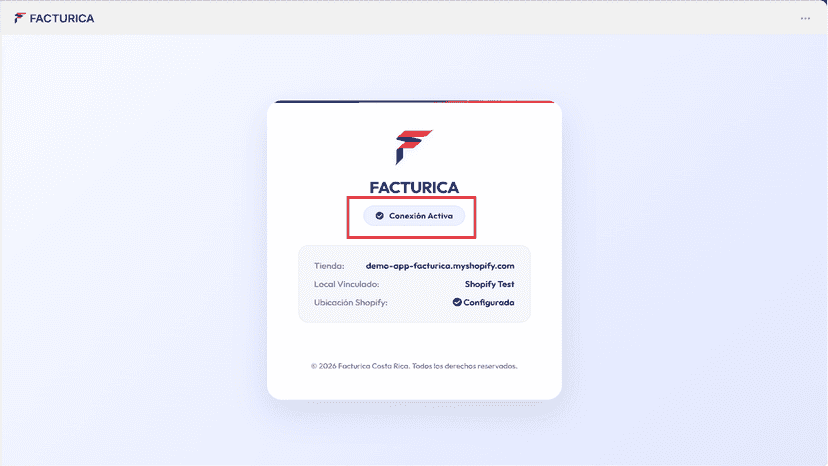 Confirmación de integración vinculada de FACTURICA con Shopify