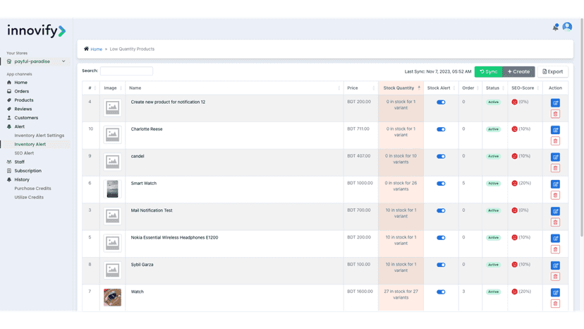 Product Management , Low inventory quantity alert & SEO score