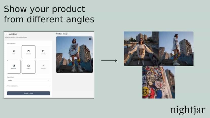 Show your product from different angles, zoom in/out using AI.