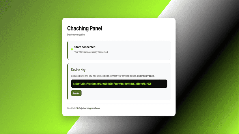 Post-install screen showing the device connection key