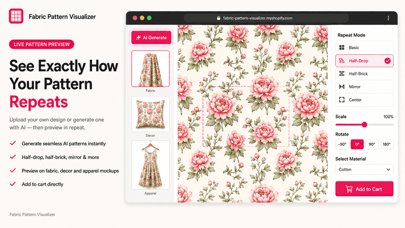 Fabric pattern half-drop repeat preview with mockups