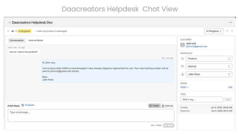 Daacreators Helpdesk Ticket Chat view