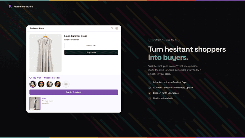 Virtual try-on widget with model avatars on a product page.