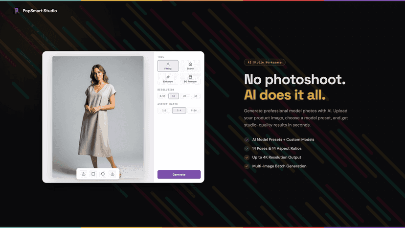 AI Studio workspace generating a model photo with tool controls.