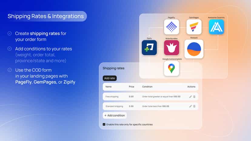 Shipping rates and integrations for the COD form