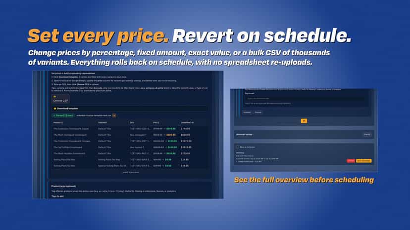 Bulk price changes with scheduled rollback and preview