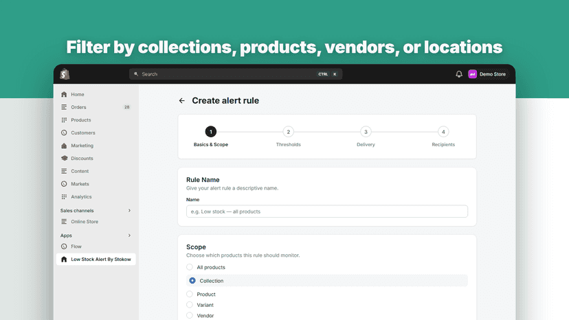 Filter low stock alerts by products, vendors and locations