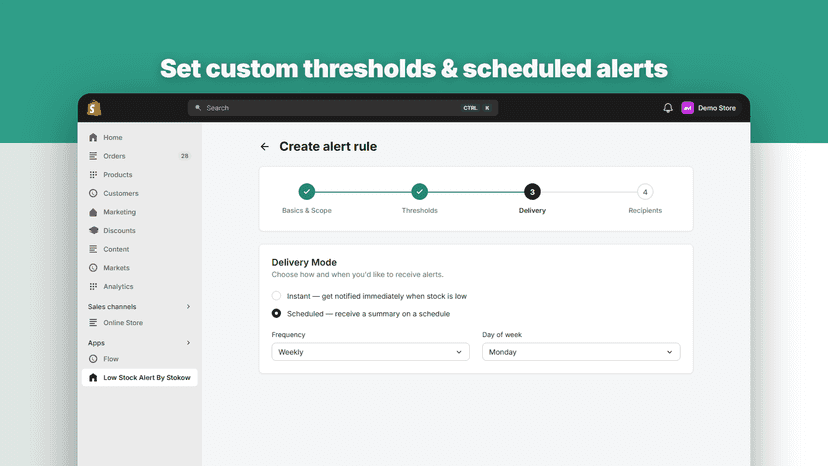 Set custom stock thresholds and schedule automated alerts