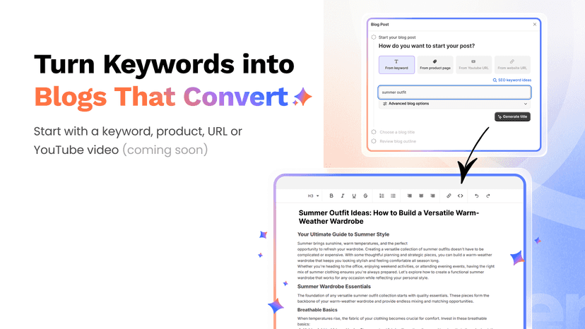 Generate blogs from keywords, products, URLs, youtube video