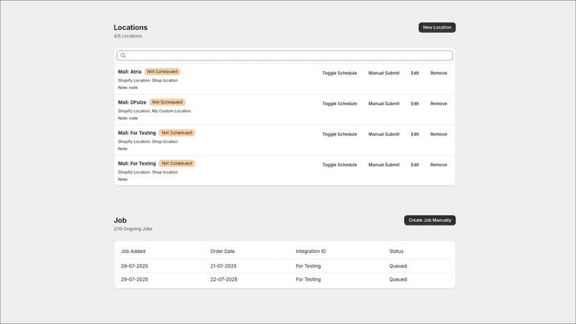 Setup multiple locations and manually create jobs