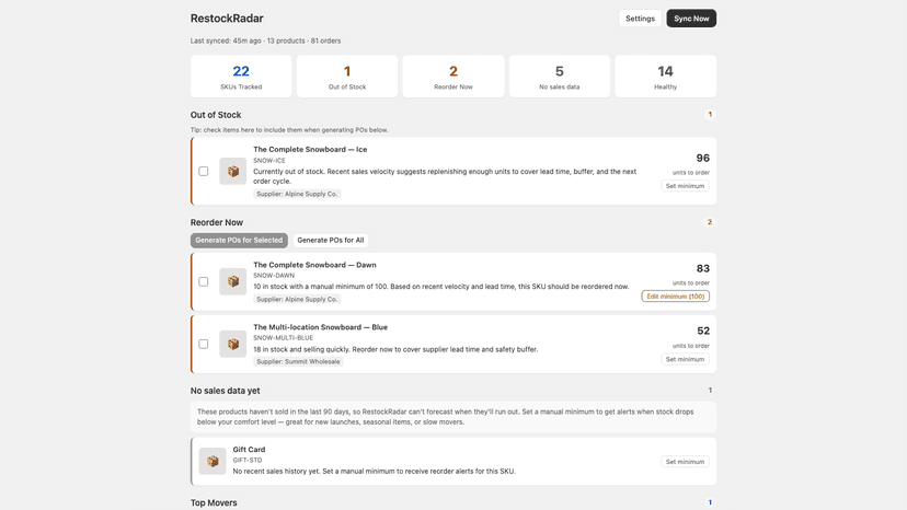 Dashboard: out-of-stock, reorder-now, and healthy SKU buckets