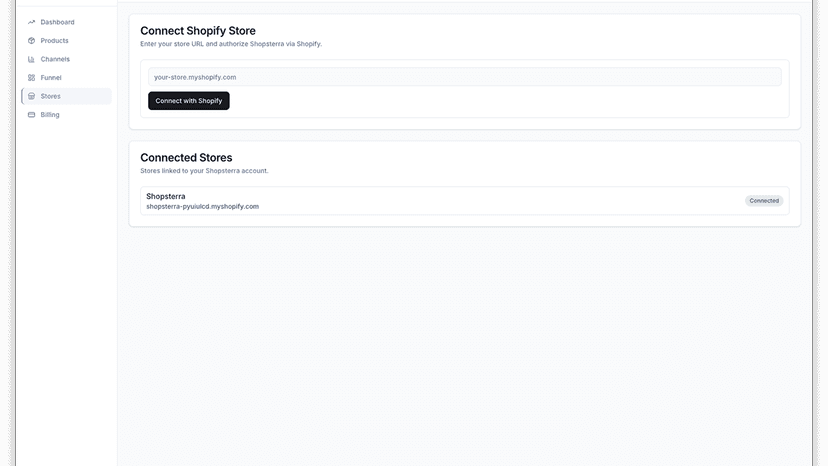 Shopsterra stores page showing connected Shopify store with OAut