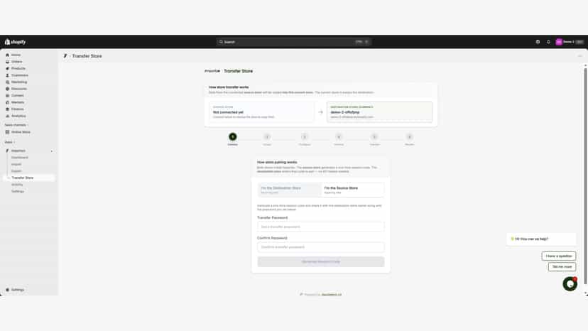 Transfer store screen for moving data between stores