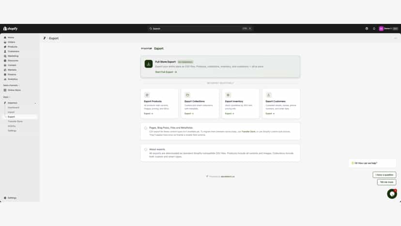 Export screen for full store data transfer