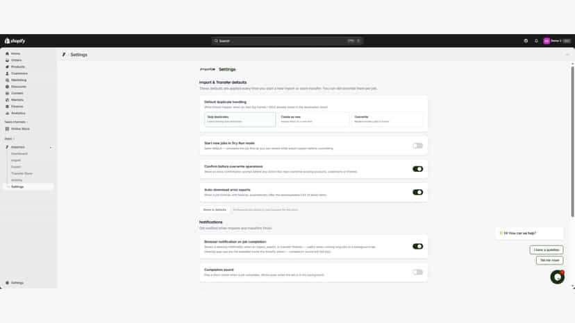 Settings screen for transfer rules and controls