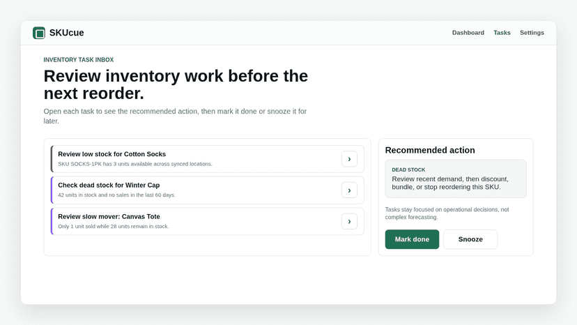 Task inbox with low stock and dead stock alerts