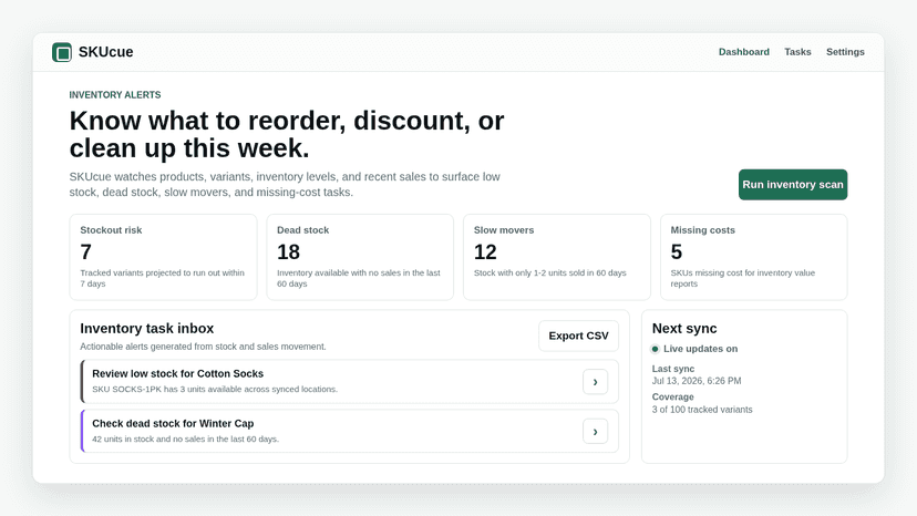 Inventory dashboard with stock task summary