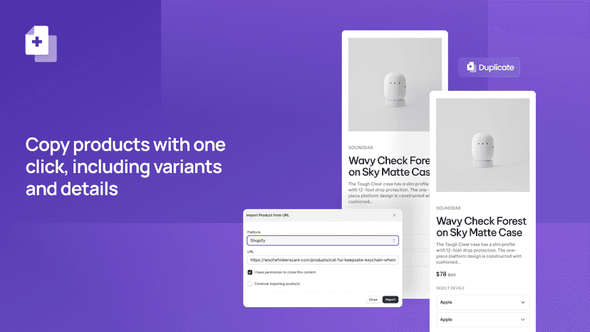 Copy products with one click including variants and details
