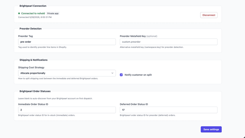 Settings: preorder tag, shipping strategy, Brightpearl statuses