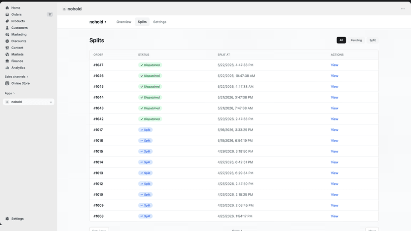 Recent splits with order numbers, status, and timestamps