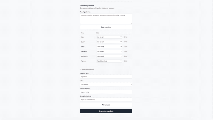 Add your own ingredients and set custom labels for your store