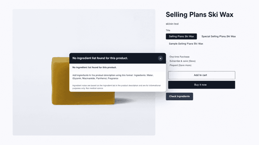 No ingredient data message on a product page