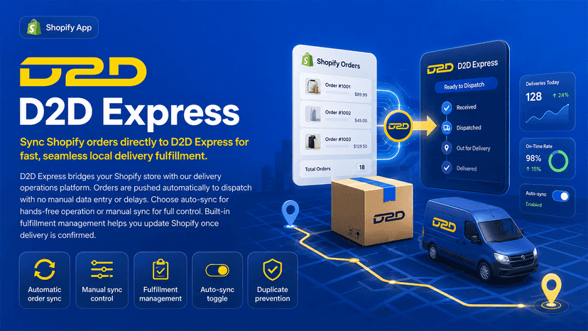 Promotional cover image for the D2D Express Shopify app, showing